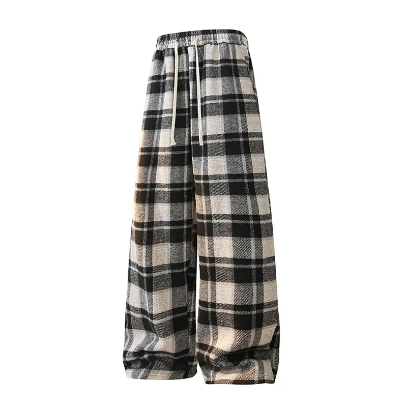 Menswear Classic Checked Fleece-Lined Trousers, a Stylish Relaxed Fit for Casual Winter Street Fashion, Thick, Preppy, Retro