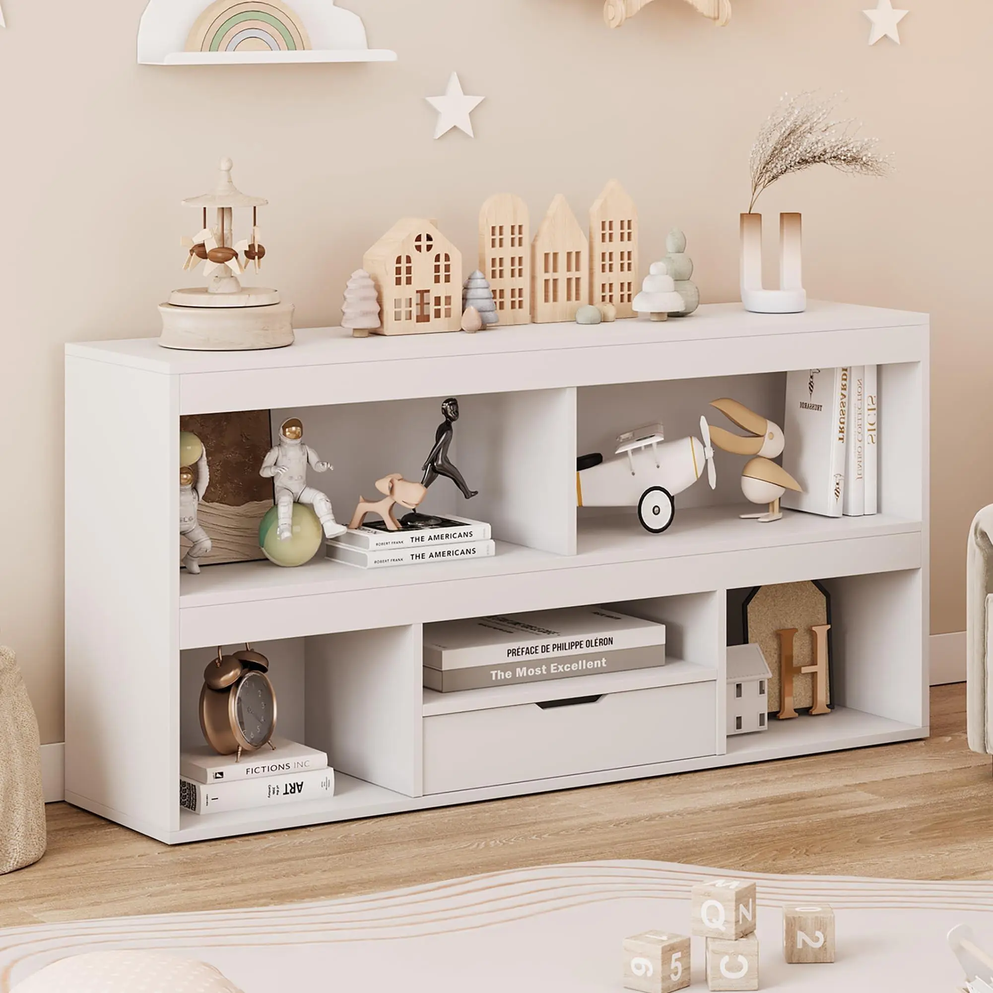 GARVEE Minimalist Wooden Kids Bookshelf with Drawer - Indoor Furniture Toy Storage Organizer for Playroom, Nursery