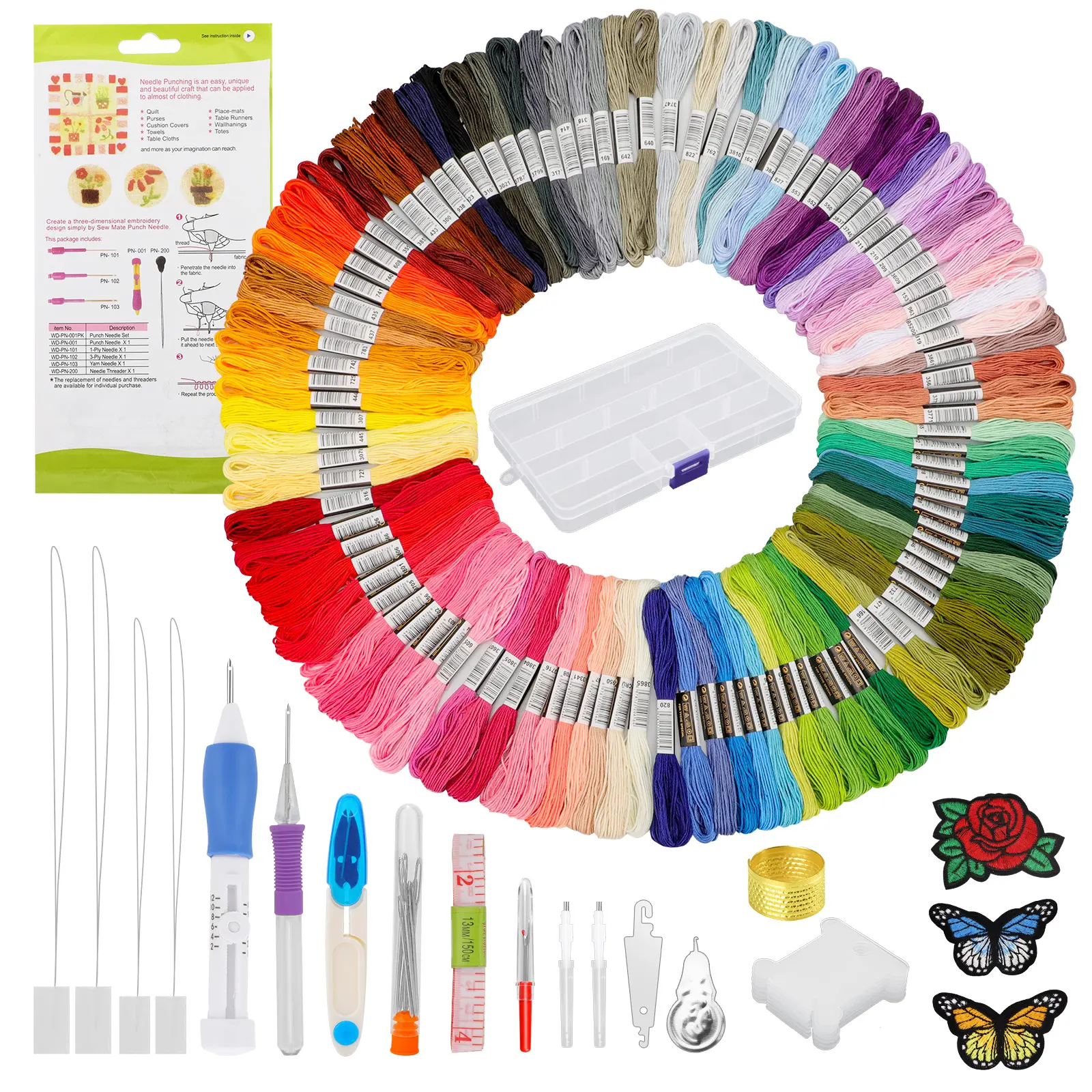 136Pcs Embroidery Starter Kit for Beginners-100pcs Embroidery Thread with Punch Needles & Butterfly Flower Patches,Punch Needle Sewing Kits