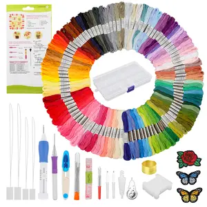 136Pcs Embroidery Starter Kit for Beginners-100pcs Embroidery Thread with Punch Needles & Butterfly Flower Patches,Punch Needle Embroidery Kits