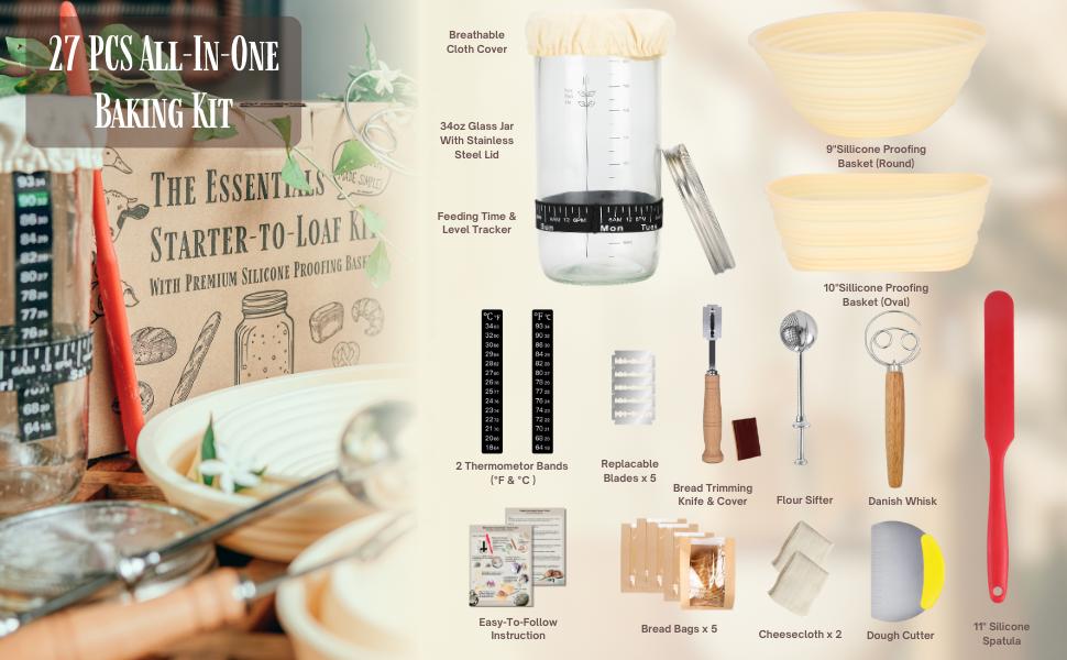 Sourdough Starter-To-Loaf Kit, Premium Silicone Oval & Round Bread Proofing Basket Set, Easy Baking Instructions, Complete Sourdough Kit, 34oz Sourdough Starter Jar With Accessories, Silicone Spatula, Danish Whisk, Dough Scraper, Scoring Knife, Bread Bags Sourdough Starter-To-Loaf Kit, Premium Silicone Oval & Round Bread Proofing Basket Set, Easy Baking Instructions, Complete Sourdough Kit, 34oz Sourdough Starter Jar With Accessories, Silicone Spatula, Danish Whisk, Dough Scraper, Scoring Knife, Bread Bags