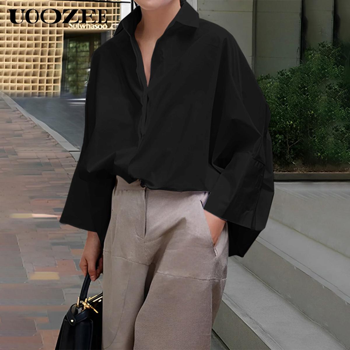 UOOZEE Women's Oversized Fit Multi-Colored Lapel Shirt Tops for All Seasons Loose Simple Polyester Versatile Commuting Suitable for Various Occasions Soft Cotton Blend Chic Blouse Casual