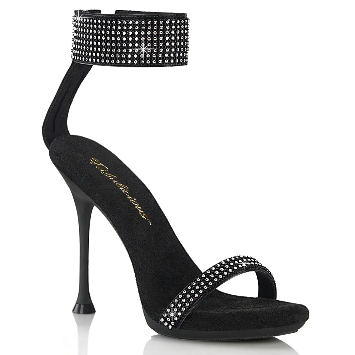 Women's Platform Sandals, Black Vegan Leather Stiletto Heels with Rhinestones, a Bold Wide Cuff Design and Back Zip
