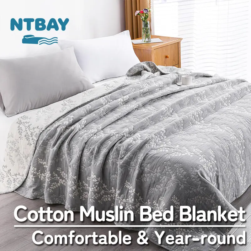 NTBAY 3-Layer Cotton Muslin Bed Blanket, Soft Breathable Lightweight Quilt for All Season, Summer Bedding & Travel, Durable, Not Easy to Shrink, Moisture Wicking, Twin/Queen/King, Machine Washable, Oeko-Tex