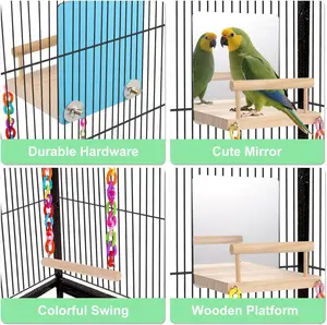 KyoukiBird Perch Platform Bird Toys with Bird Mirror Climbing Ladder Swing, Parakeet Cage Accessories - for Cockatiels, Lovebirds, Budgies,Pacific Parrotlets,Finch,Canaries - Wooden Play Gym