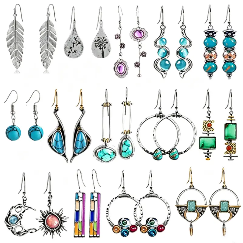 12 Pairs Bohemian Earrings Set for Women, Vintage Silver Tone Dangle Drop Jewelry with Assorted Leaf, Hoop & Geometric Designs, Lightweight Hook Earrings for Daily Party Gifts, Earrings For Women