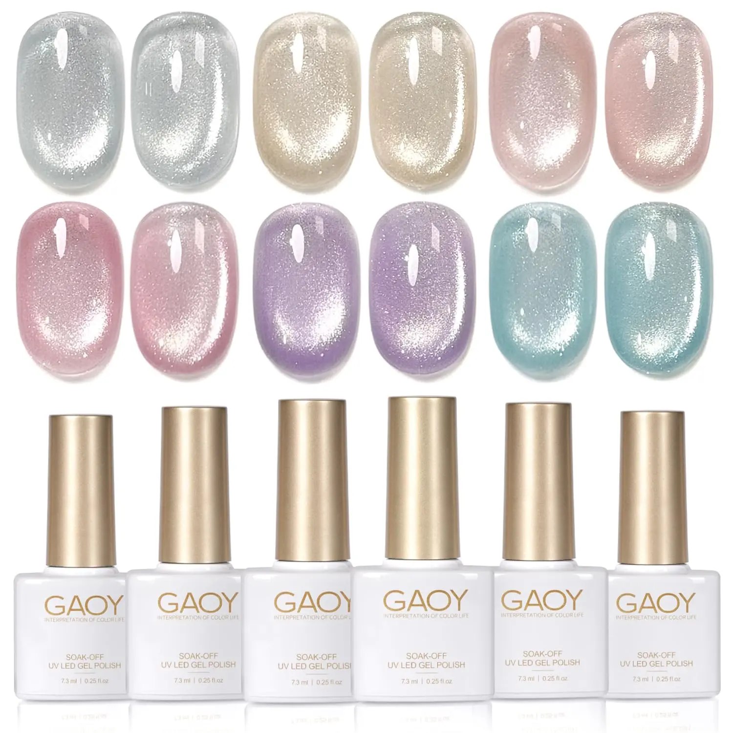 GAOY Silver Cat Eye Gel Nail Polish Kit, 6 Colors, UV Gel, Spring Breeze | With Magnet, Glitter Holographic Shine, Magnetic Cat Eye Effect, UV/LED Cure Required, Easy DIY Manicure at Home