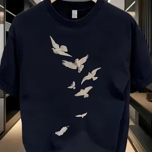 Men's Loose Fit Cotton T-Shirt - Casual Summer Short Sleeve Crewneck with Artistic Bird Print, Breathable Clothing Relaxed Apparel Personalized Simple Streetwear Shortsleeve Tropical Tshirt Crew Neck Graphic T-Shirt Menswear Top Gamis funny  tshirt