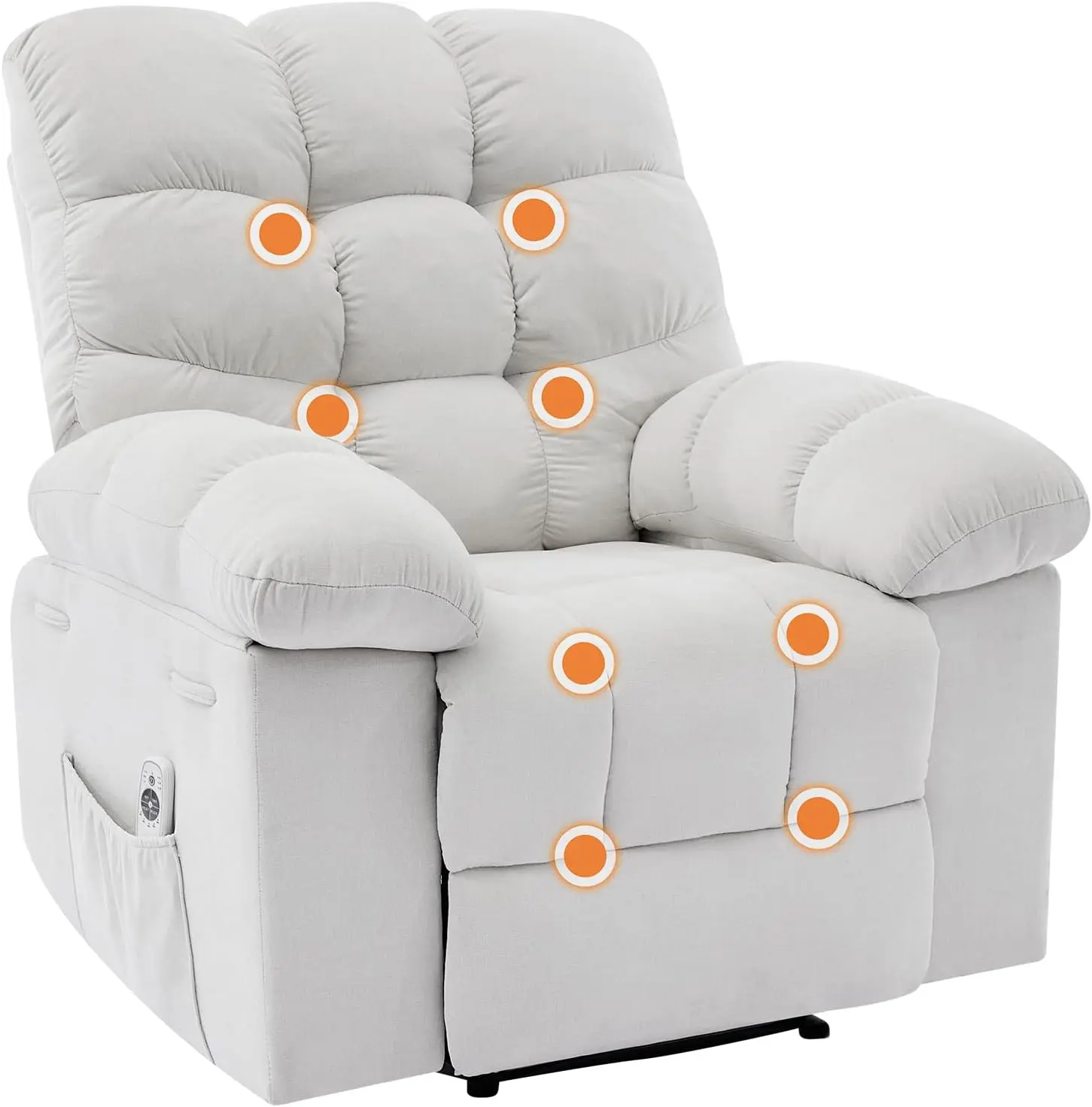 White Oversized Recliner Rocking Armchair - Wide Overstuffed Design with Massage, Heating Function, Ergonomic Lumbar Support, Side Pockets, Remote Control, Soft Upholstery for Living Room, Bedroom, Relaxing Use, 350 Lb and Above Capacity