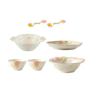 KawashimaYa Japanese Style Ceramic Tableware Set - 6 Pcs Dinnerware with Soup Bowl, Double Ear Bowl, Soup Plate, Rice Bowls & Spoons - Minimalist Kitchen Dishware for Home & Gifts