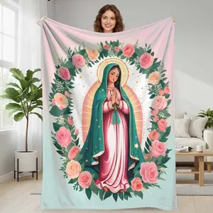 Virgin Mary Floral Halo Flannel Blanket  Sacred Art Rose Pattern with Elegant Green and Pink Design  Soft Warm Cozy Lightweight Throw for Bedroom Living Room Meditation Prayer Gift Home Décor