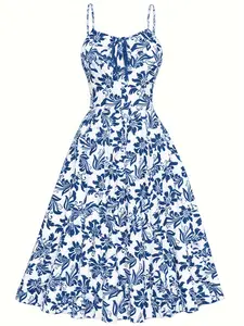 [Stock from US] Spaghetti Strap Lace-Up Waist-Fitted Blue Floral Printed Woven Casual Vacation Midi Dress Fabric Flowy Breathable Beach Womenswear