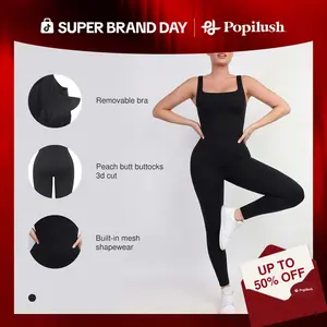 POPILUSH Built-In Shapewear Jumpsuit Thigh Slimming Workout Pants Long Sleeveless Activewear for Tummy Control & Buttocks Enhancement - Gym Clothing-live