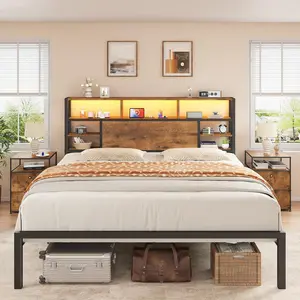 Raybee Full/Queen/King Size Bed Frame with Storage Headboard, LED Lights & Charging Station, Heavy Duty Metal Platform Bed Frame for Bedrooms, Apartment, Guestroom, Dormitory, 1100 LBS Capacity, No Box Spring Needed, Easy Assembly,Black, Rustic Brown