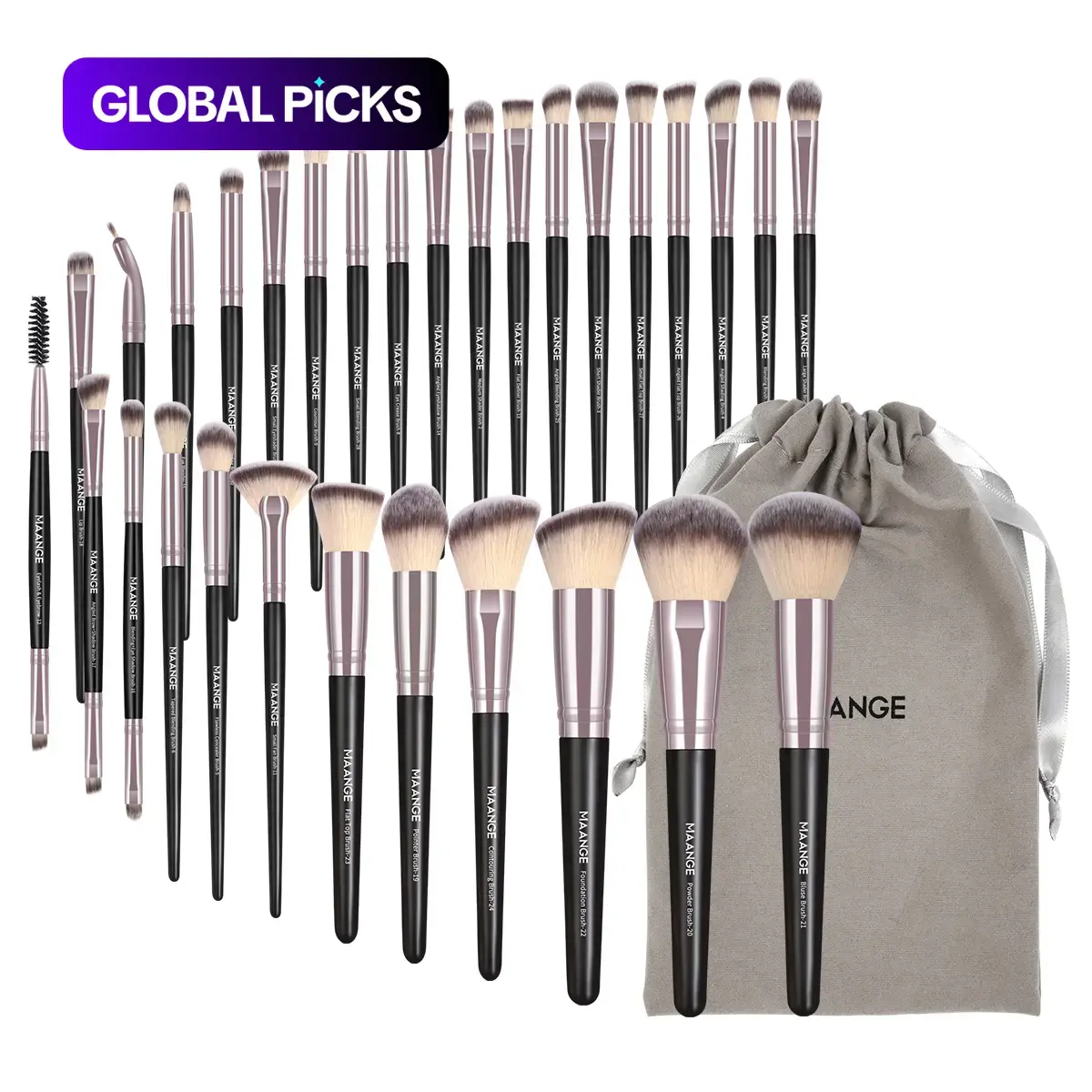 MAANGE 30-Piece Makeup Brush Set with Storage Bag, Soft Cosmetic Brushes for Foundation, Blush and Lip Makeup, Face Makeup Brushes, Comfortable Grip #GLOBAL PICKS