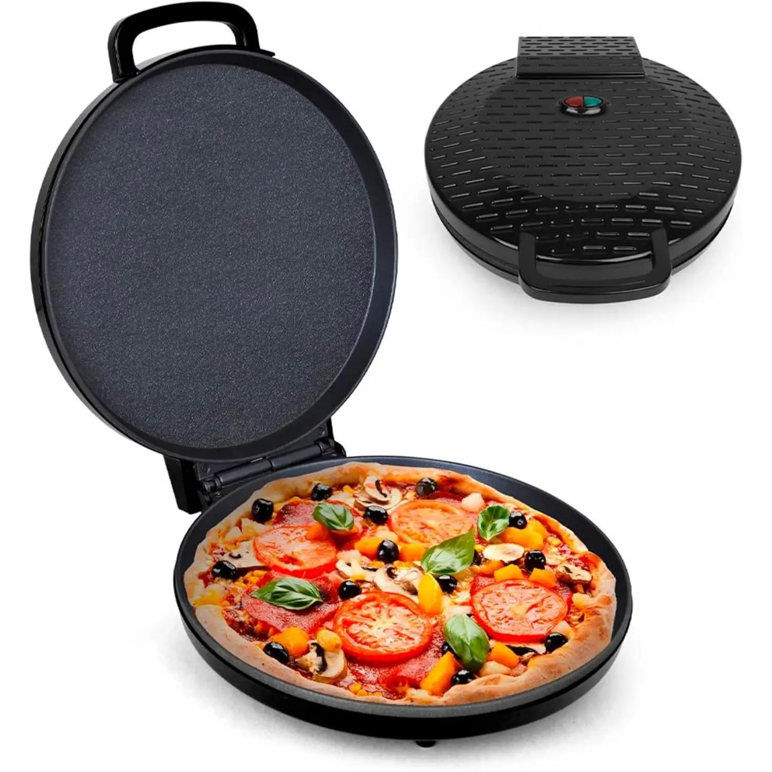 Pizza Maker 12 inch Pizzas Machine, Newly improved Cool-touch Handle Non-Stick plates Pizza oven & Calzone Maker, Electric Countertop Oven for Home or School, 12 Indoor Grill/Griddle, Black