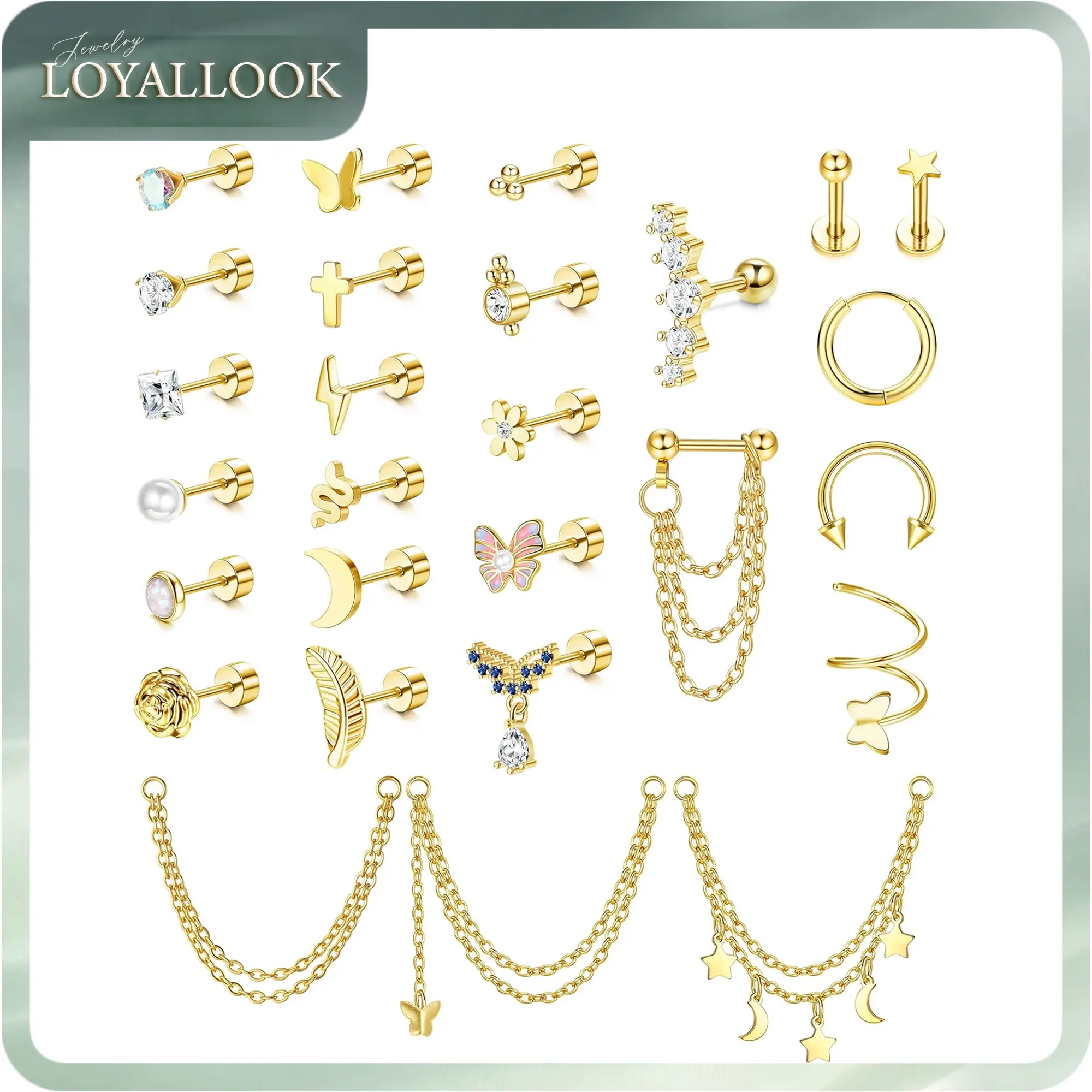 LOYALLOOK 27Pcs Flat Back Earrings Hypoallergenic Surgical Steel Stud Earring Stacks Set Dainty Chain Dangle Cartilage Tragus Daith Helix Piercing Jewelry for Women Men Trendy 16G
