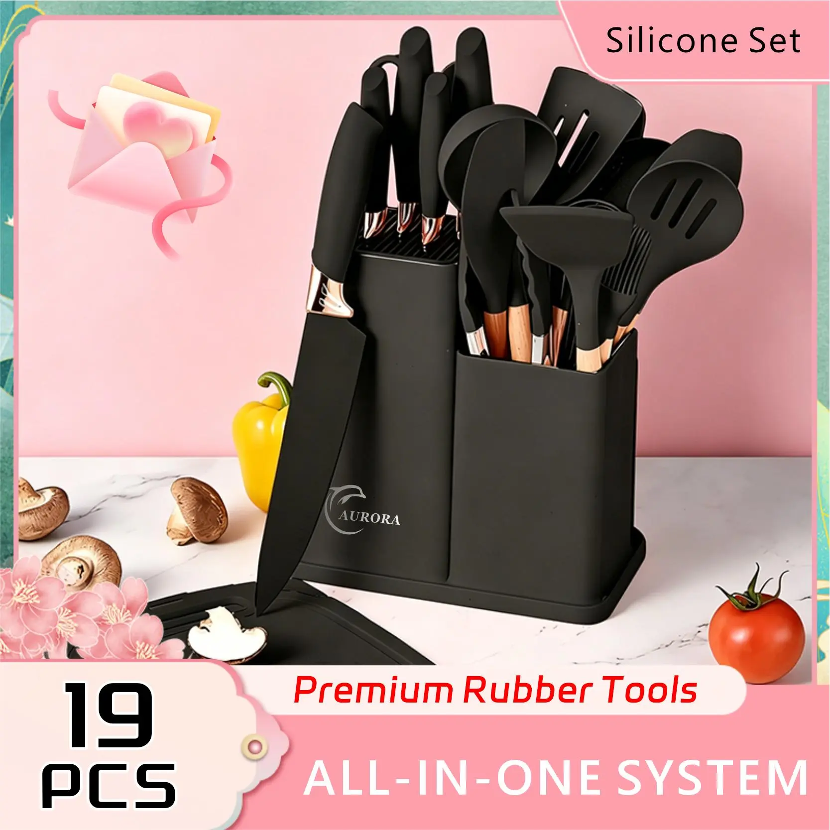 19-Pcs Women's Kitchen Cooking Set - Eco-Friendly Knives Kitchen Set with Heat-Resistant Food-Grade Silicone Cutlery, Wooden Handles, Chef Knife, Non-Stick Compatible Tools, Ladle, Stylish White Blush Pink Valentine's Day Kitchenware