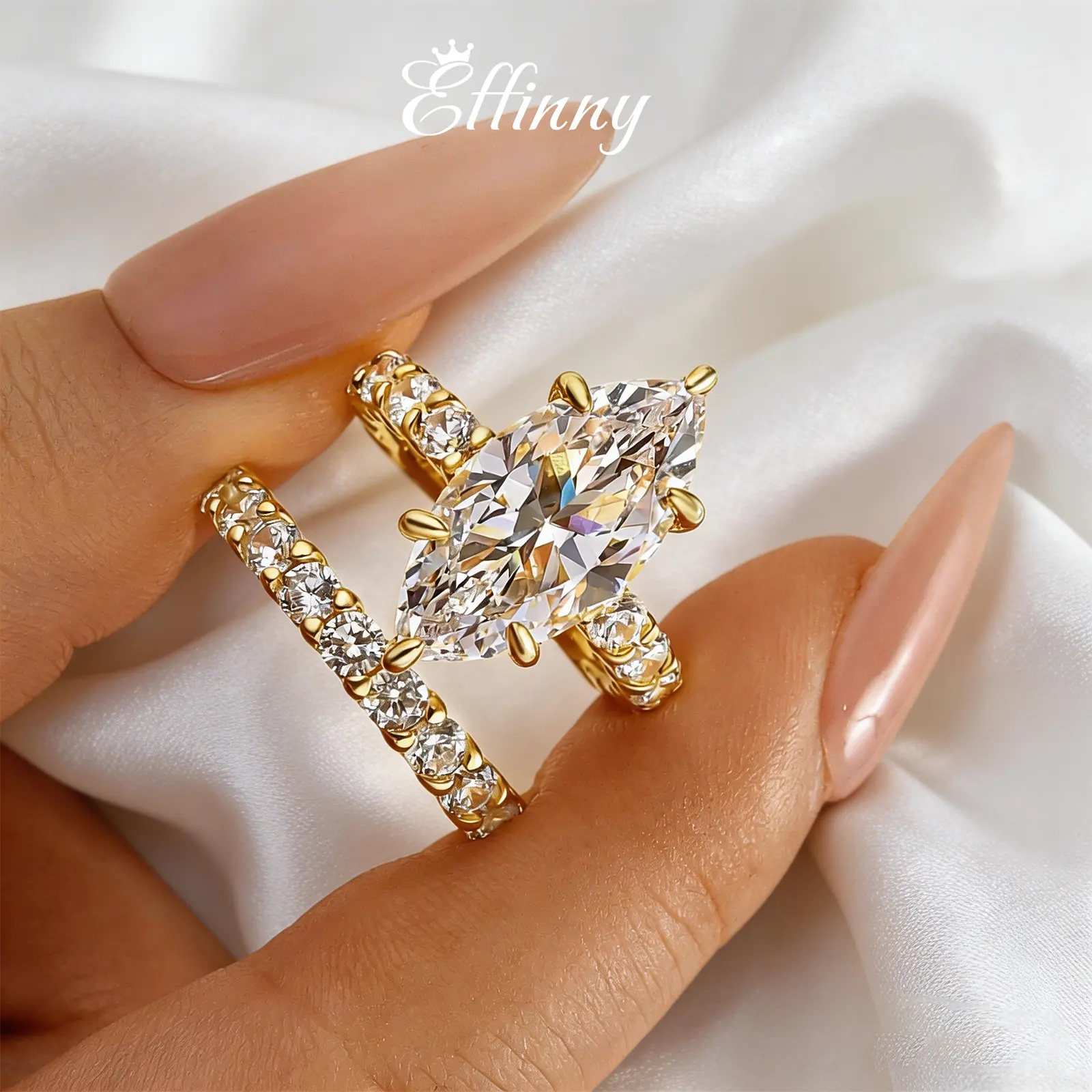 Effinny Marquise Cut 5.5ct 14K Gold Plated 2PC Wedding Ring Set, 925 Sterling Silver Promise Ring, 5A Cubic Zirconia Bridal Set Rings for Women, Engagement, Female