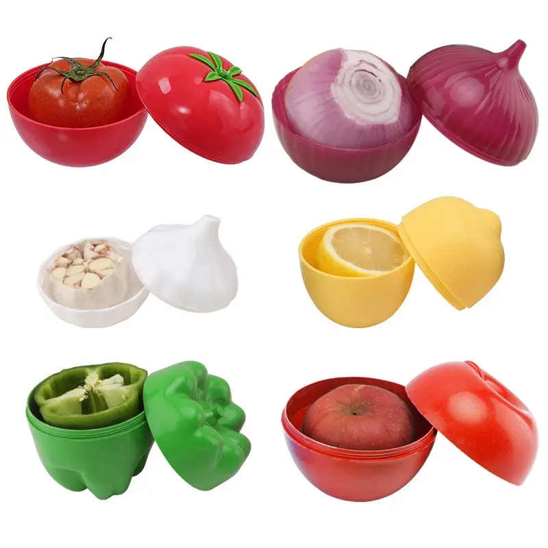 6-Piece Fruit & Vegetable Shaped Food Storage Containers, Cute Onion, Apple, Tomato, Lemon, Garlic & Pepper Keeper, BPA-Free Fridge Organizer for Kitchen