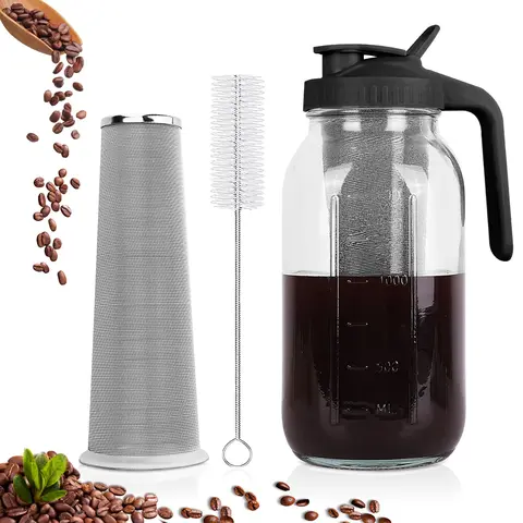 64 Oz Cold Brew Coffee Carafe (2 Pack) - Heavy-Duty Glass Construction, Airtight Leakproof Lid, Built-In Ergonomic Handle, Precision Pour Spout, Kitchen Drinkware Tea Pitcher, Gift for Coffee Lovers