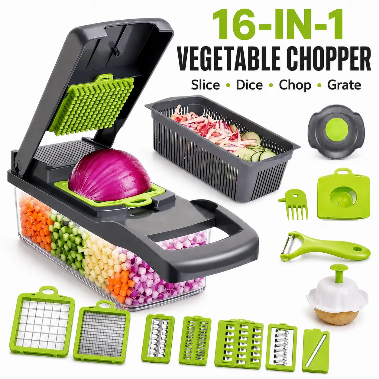 7CODE Vegetable Chopper Dicer with Container, 16-in-1 Cheese Grater Mandoline Slicer Cabbage Shredder French Fry Cutter, Stainless Steel Blade Food Chopper for Onion Potato Veggie Fruit, Handheld Manual Kitchen Gadget with Storage Box