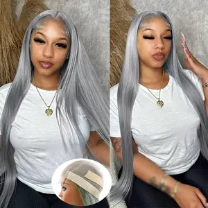 No-mix Fiber 5x5 Glueless Gray Human Hair Wig Preplucked 180% Density Silver Grey Straight Wear and Go HD Transparent Lace Wigs for Women 100% Remy Vrigin Brazilian Hair 26 Inches