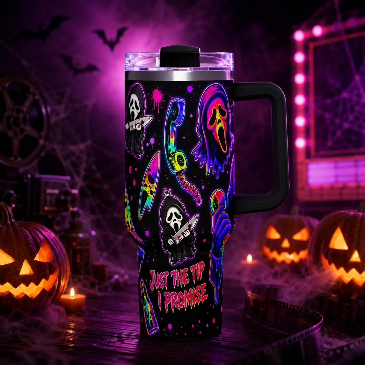 1pc 40oz Neon Slim Shape Ghostface Horror Insulated Stainless Steel Vacuum Flask Tumbler, Leakproof Travel Mug with Handle & Straw, Halloween Gift Kitchen Drinkware