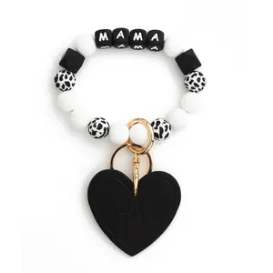 Mama Black Wristlet Keychain with Heart Charm, Mom Wrist Lanyard Key Ring, Perfect Mother's Day Gift for Mama