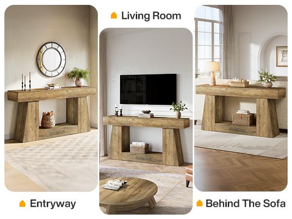 LITTLE TREE 63" Farmhouse Console Table with Storage, Rustic Sofa Table for Entryway, Narrow Long Sofa Table Behind Couch, Console Table for Living Room, Hallway—Versatile Storage Solution, Oak