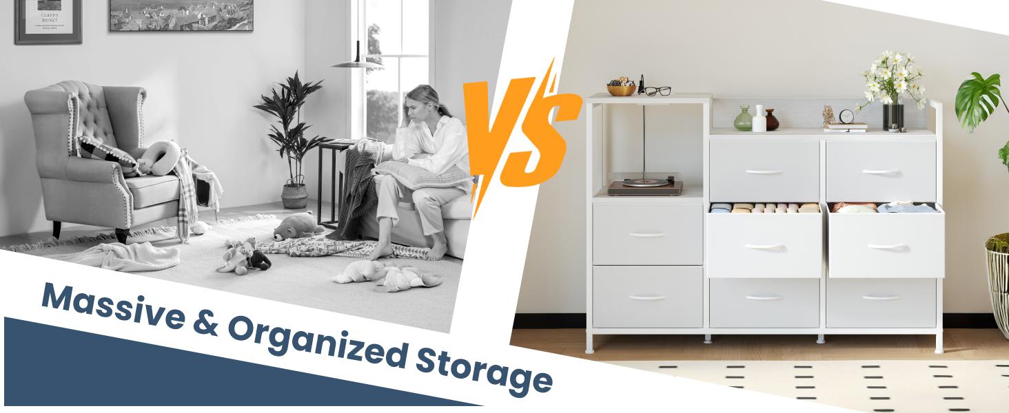 Wooden Top TV Media Console Table with 8 Fabric Drawers 1 Shelves TV Stand for Up to 45 inch TV Entertainment Center with Charging Station for Living Room Hallway