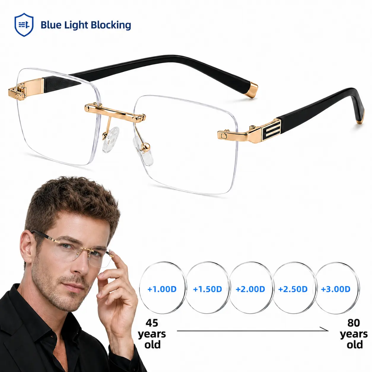 Sleek Blue Light Blocking Rimless Reading Glasses - High Quality Eyewear for Men, Business Glasses for Computer Work, Lightweight Metal Rectangular Frames (Gold/Silver, +1.00 to +3.00), Blue Lights Glasses