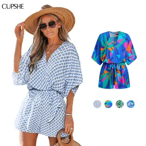 CUPSHE Leopard Print Romper Short Sleeve Lace Up V-Neck Wide Leg Jumpsuit for Summer Vacation Beachwear Comfort Fit Outfit