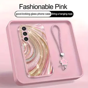 Luxury Rose Gold Swirl Phone Case with Flower Lanyard, Glitter Pink Art Aesthetic Cover for Galaxy S23 FE — 975
