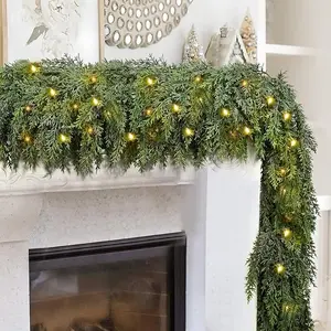 9FT Thick Christmas Garlands with 240 Cedar Branches, 50 Lights, Green Cedar Garland for Christmas Decorations, Artificial Greenery Garland for Table Mantle Wall Indoor Outdoor Holiday Decor