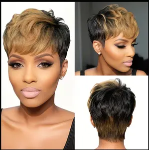 Real Human Hair Pixie Cut Wig with Bangs for Women - Two-Tone Black & Brown Short Wigs,