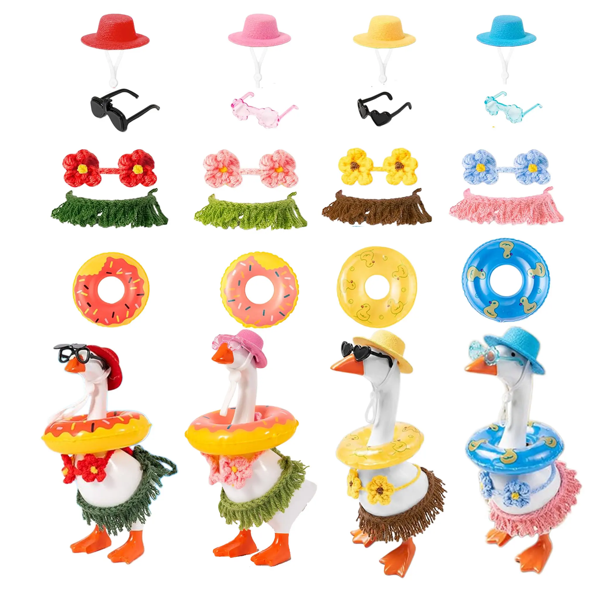 7inch Desk Goose Outfits 16Pcs  Mini Desktop Goose Clothes with Hawaii Dress Flower Bikini Swimming Rings Sunglasses Hats