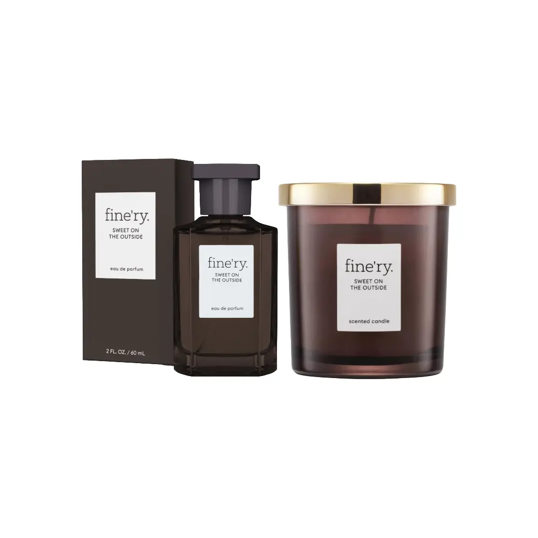 Fine'ry Sweet on the Outside Fragrance Combo Boxed Set - 60ml EDP Distinctive Fragrance Perfume, 7oz Artisan Wax Madagascar Vanilla Candle with Cacao Wood, Dark Aroma Smoked Vetiver Notes, Vanilla Scents, Indoor Candle For Calm Evenings