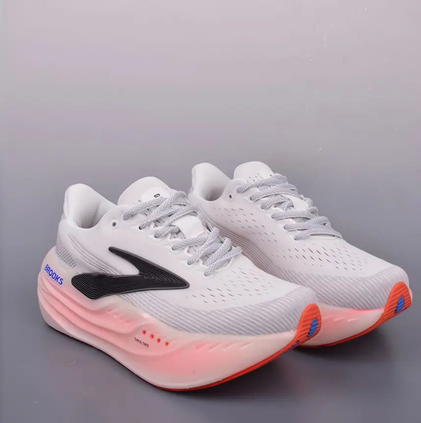 White Peach Pink Gradient Perforated Knit Max Cushion Running Shoes, Brooks Shock Absorb Marathon Trainers, Breathable Anti-Slip Long Distance Road Sneakers For Women Jogging