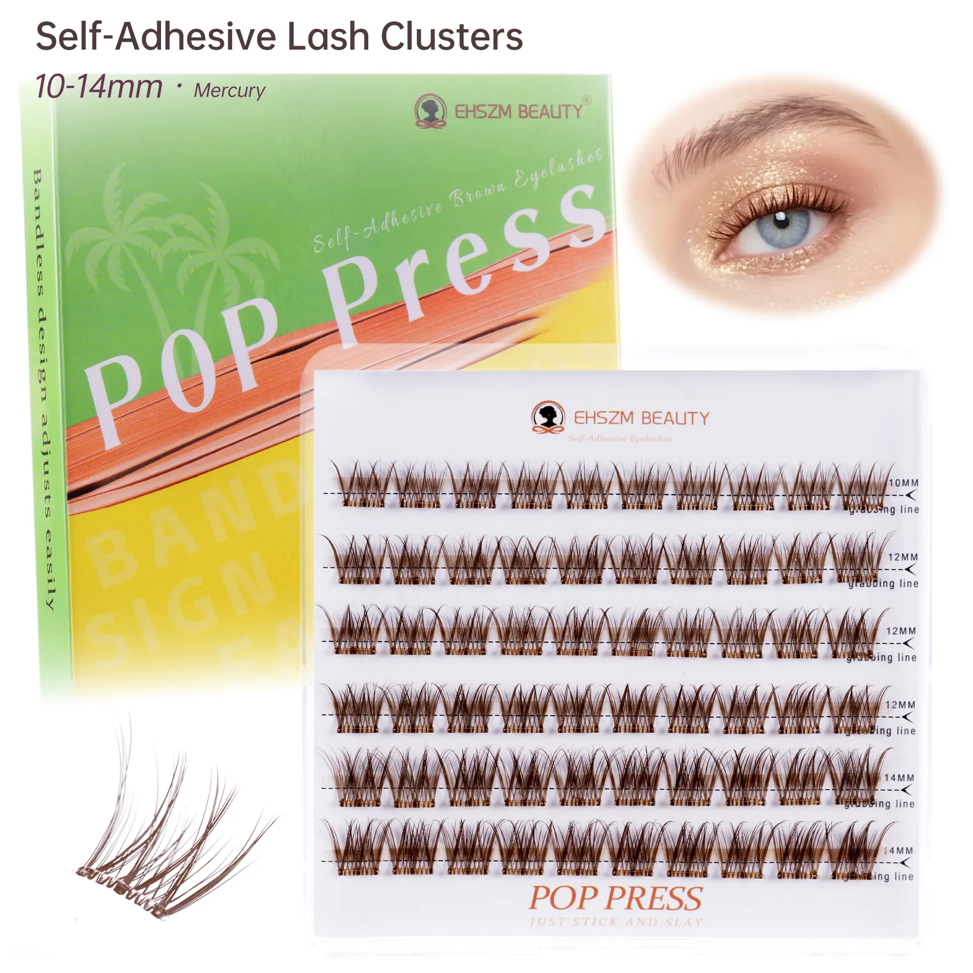 EHSZM BEAUTY Pre-Glued Brown Self Adhesive Lash Clusters - 1-Minute Press-On, No Glue Needed, 10-14mm Soft CC Curl, Thin Invisible Band, All-Day No-Fall False Lashes for Makeup, Cosmetic, Oil & Cream Compatibility, Brown Lash Clusters, Artificial Eyelash