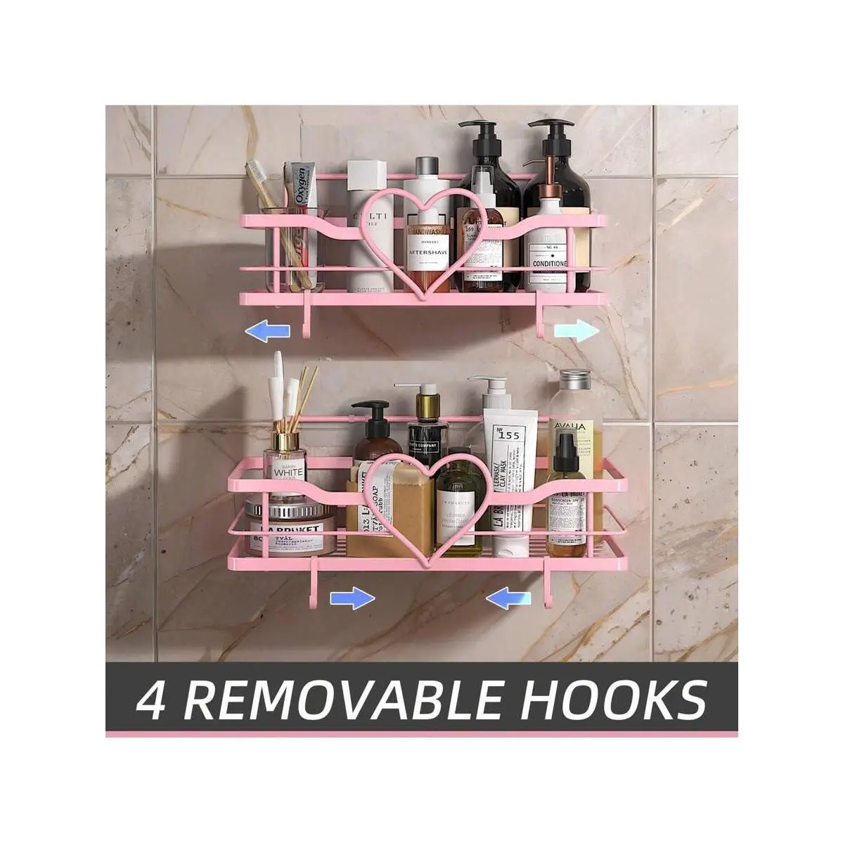 Pink Shower Caddy With 4 Removable Hooks, 2 Packs Sweet Heart Shower Shelves,No Drilling Adhesive Organizer Shelf For Bathroom Shower,Kitchen,Bedroom Home Bathroom Decor Bathroom Organizer Summer Back To School
