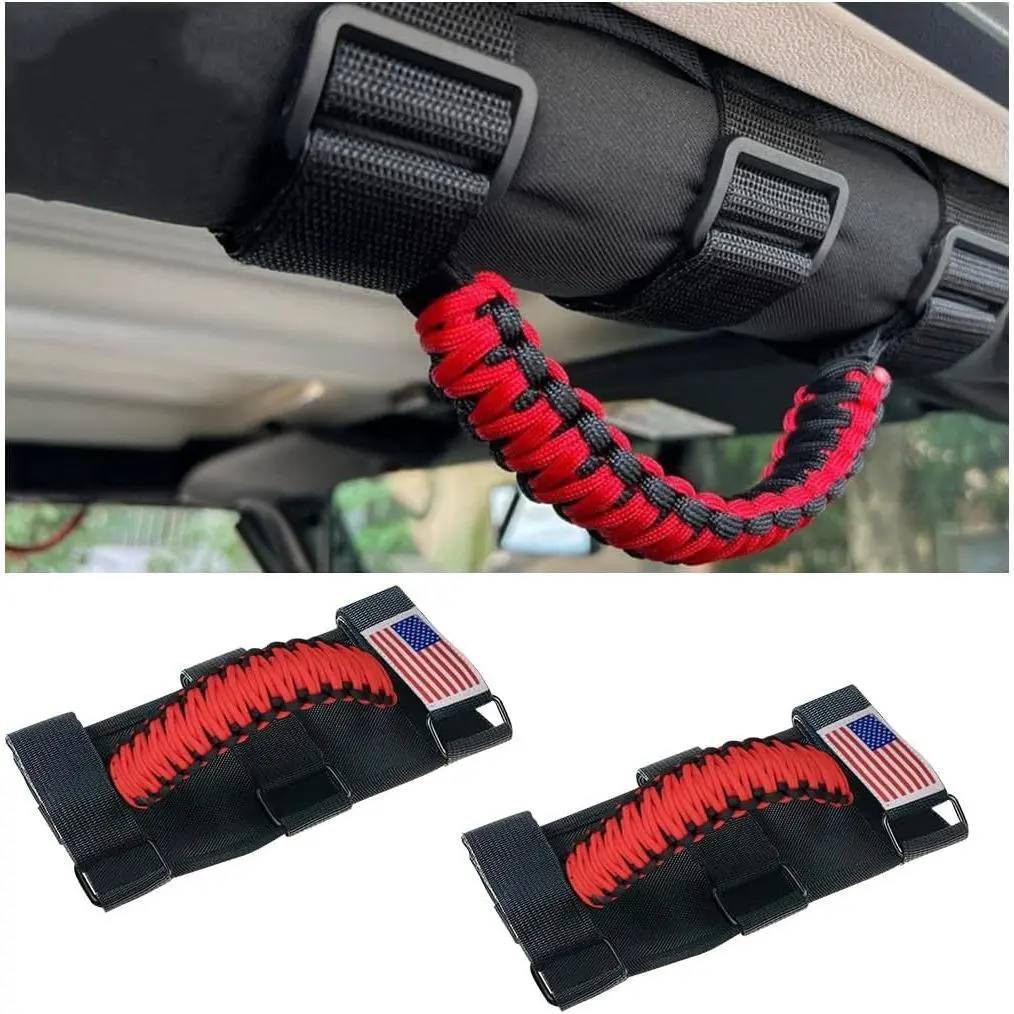 2PCS Red Paracord Roll Bar Grab Handles Car Accessories, Oxford-Cloth Durable Auto Accessories Interior with Metal Buckle, Compatible with Jeep Wrangler JL JLU JT JK JKU TJ LJ YJ