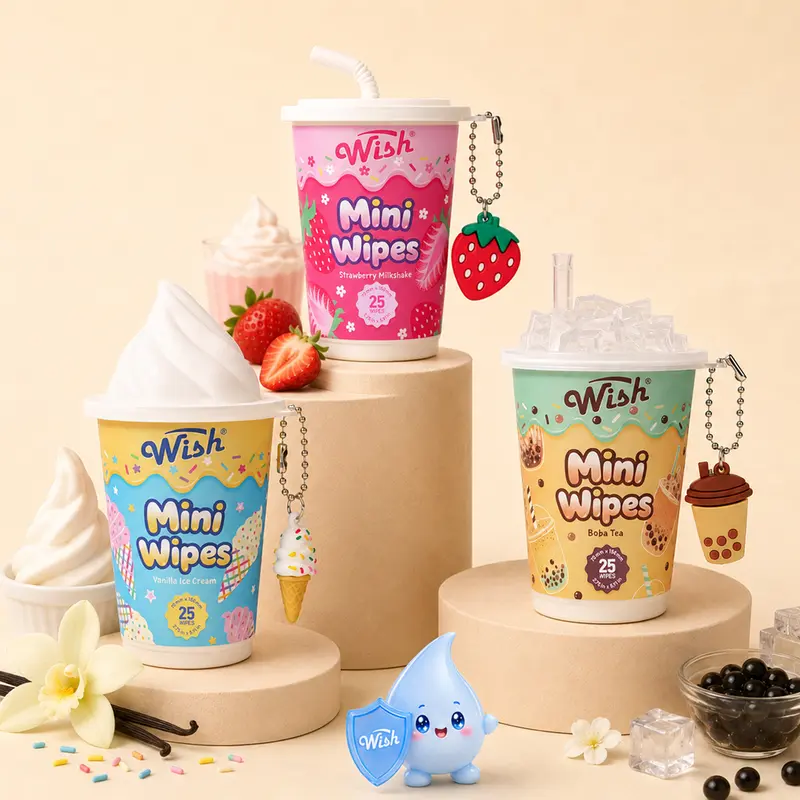 Wish Dessert Scented Travel Wipes 3-Pack – Vanilla Ice Cream, Strawberry Milkshake & Boba Tea, 25ct Each / 75 Wipes Total, For Bag, Car & Desk, Boba‑Tea Cubes