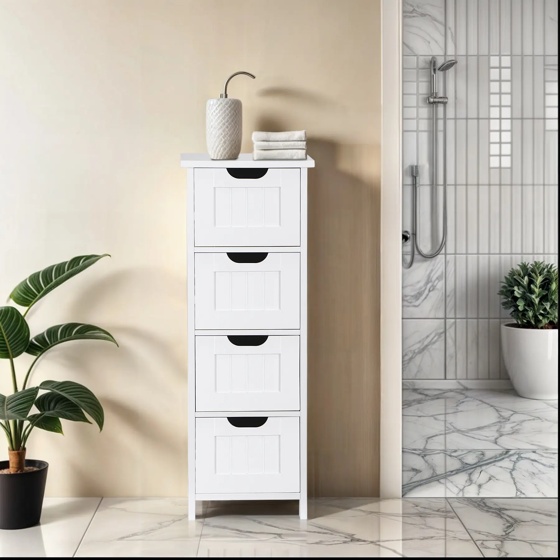 Zenstyle 4-Drawer Slim White Dresser - Water-Resistant MDF Traditional Floor Cabinet, Easy-Set-Up Bathroom Organizer, Room Storage Unit for Bathroom, Hallway (Small Room Organization Products),dorm essentials,home decor