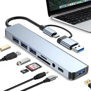 USB-C 8-Port Hub Expander with 4 USB 3.0 Ports 1 USB-C Jack TF/SD Card Reader 3.5mm Audio Output for iPhone 15 16 17 iPad Pro Laptop Galaxy Phones High-Speed Data Transfer