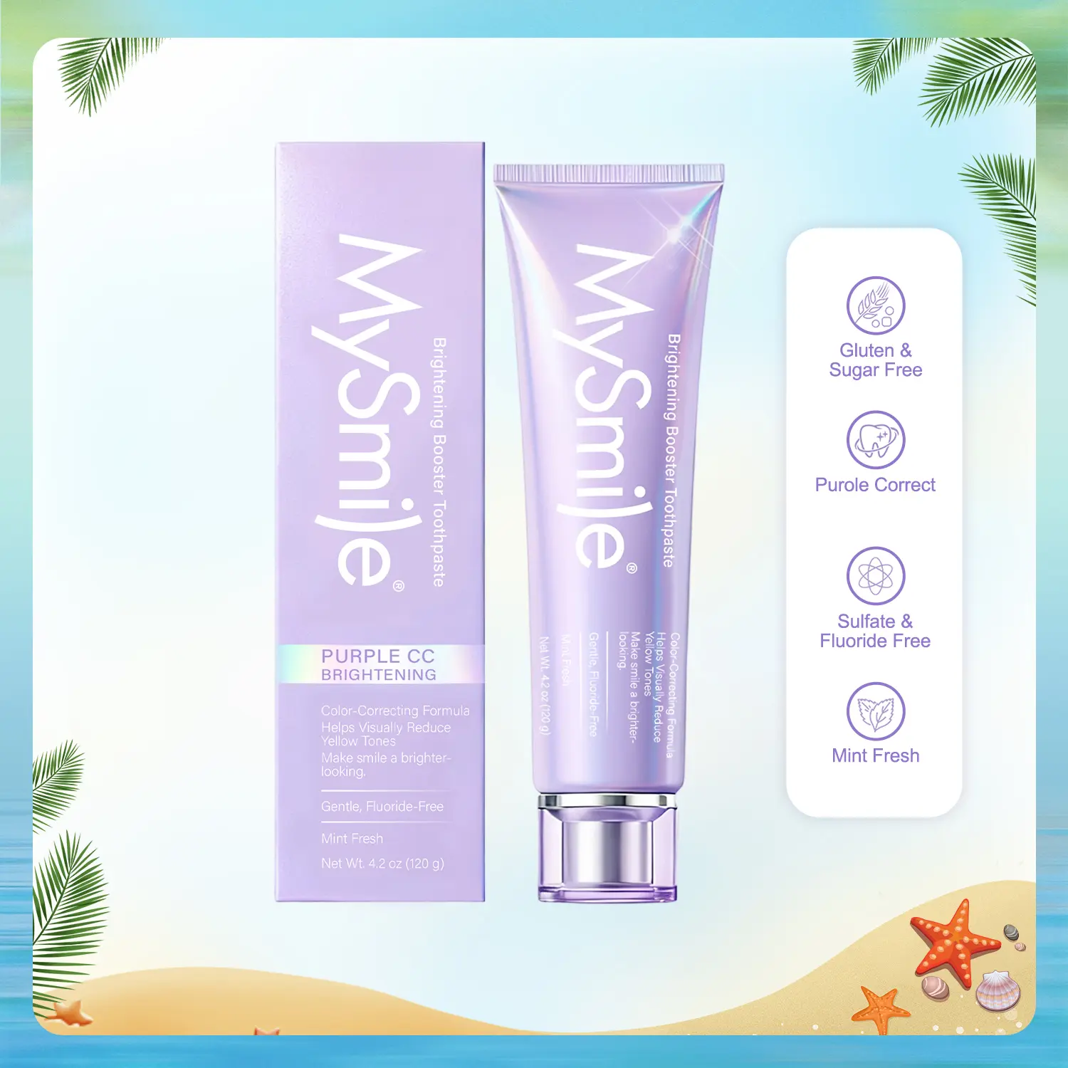 MySmile Purple Toothpaste, Color Corrector for Instant Teeth Whitening, Daily Care Non-Fluoride Formula to Neutralize Yellow Tones, Mint Flavor, 4.2 oz, Non Fluoride Toothpaste, Toothpaste Without Fluoride