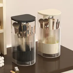 One-Touch Pop-Up Makeup Brush Organizer with Lid, One-Hand Press Open/Close Mechanism Cosmetic Tools Organizer, Dustproof Cosmetic Brush Holder, 4-Compartment Large Capacity for Vanity, Bathroom Countertop, White