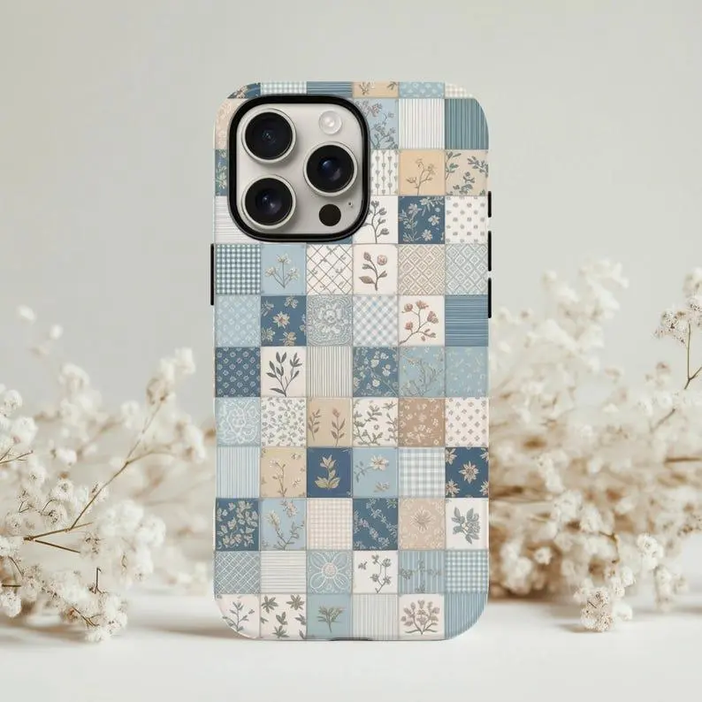 A Cottagecore-style blue beach quilted phone case, the perfect gift