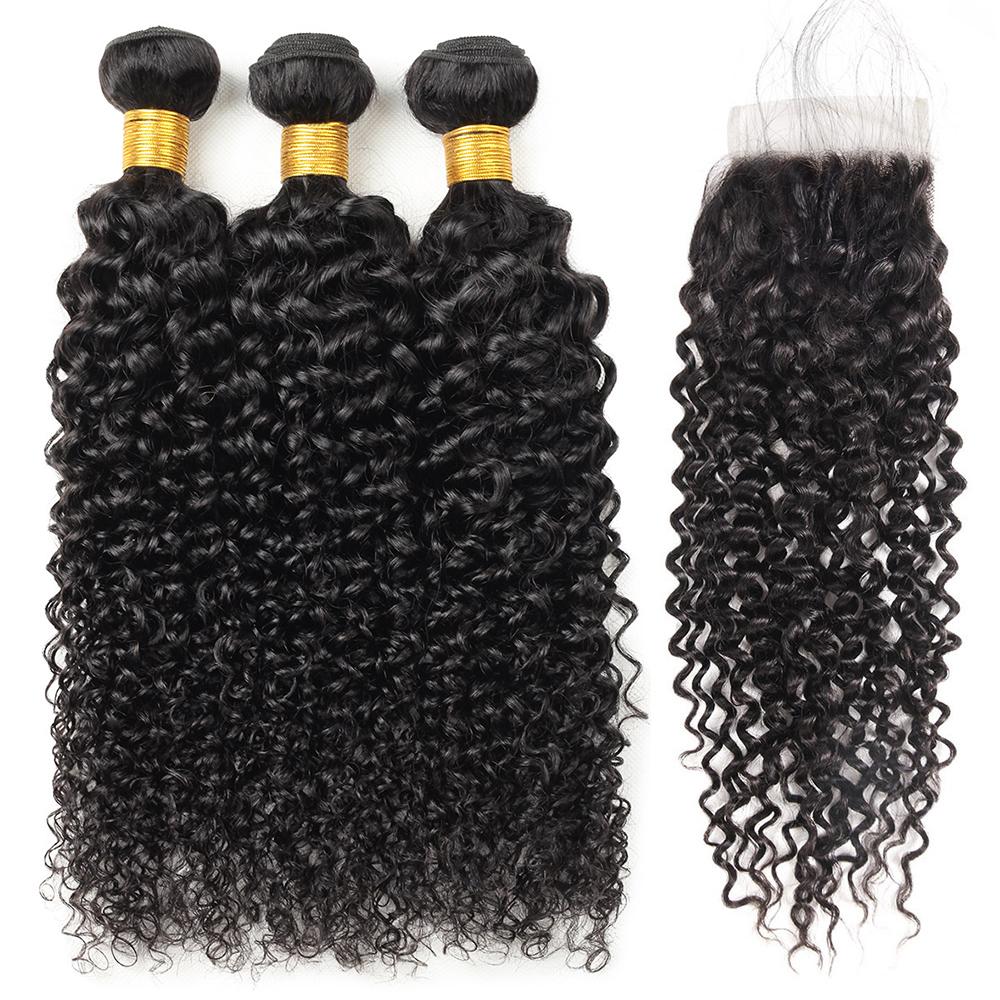 Curly Hair Bundles with Closure Virgin Human Hair Bundles with Closure 4x4 Lace Closure with 3 Bundles Mongolian Curly Quick Weave
