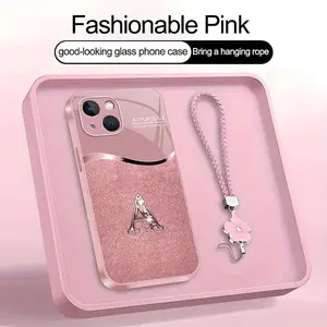 Luxury Pink Phone Case with Lanyard Initial Letter A-Z Cover for iPhone 15 --975
